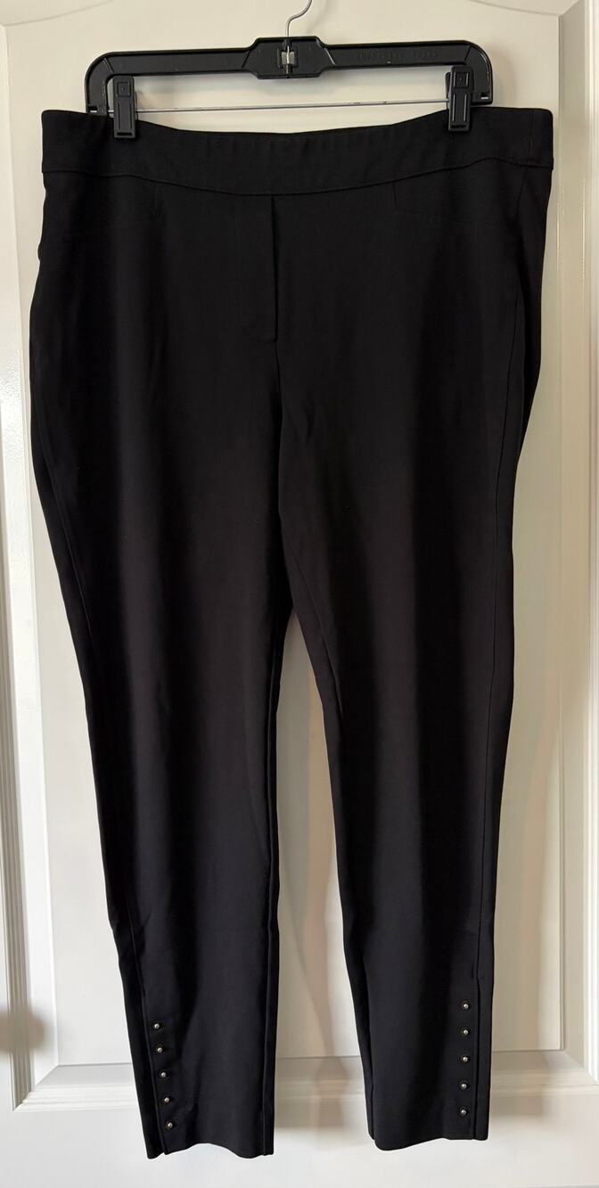 Chico’s Black Pull On Ankle Pants Size 3 XL Studded Button Hem Stretch Trousers